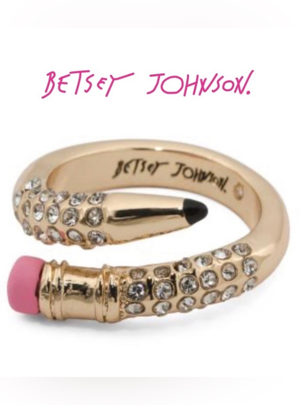 Betsey Johnson Gold-tone Crystal Pencil Wrap Ring with Pink Eraser
